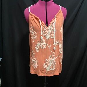 EUC Lucky Brand Orange, cream, appliqué rope shoulders rope, trim, tank top XL